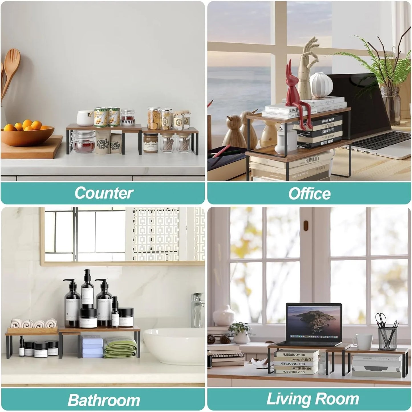 2 Pack Stackable Cabinet Shelf Organizer Expandable Kitchen Pantry Spice Rack for Counter Cupboard Storage Black Brown - Cooky Kitchenware