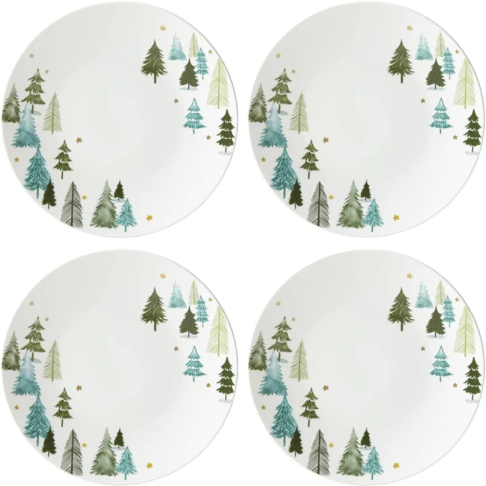 4-Piece Green Christmas Dinner Plate Set with Gold Accents, Dishwasher & Microwave Safe Porcelain