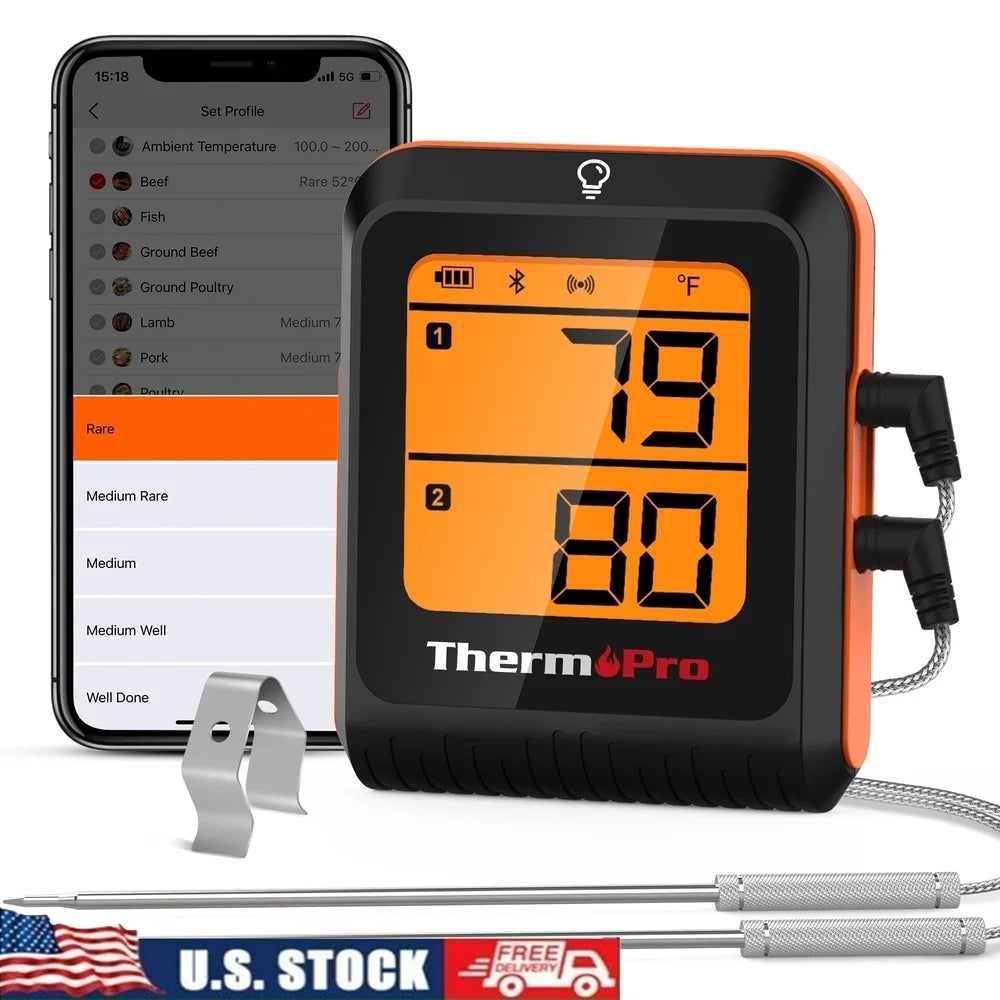 Wireless Bluetooth Meat Thermometer Dual Probes 650FT Range Accurate Cooking Monitor Rechargeable LCD Display BBQ Grill Oven