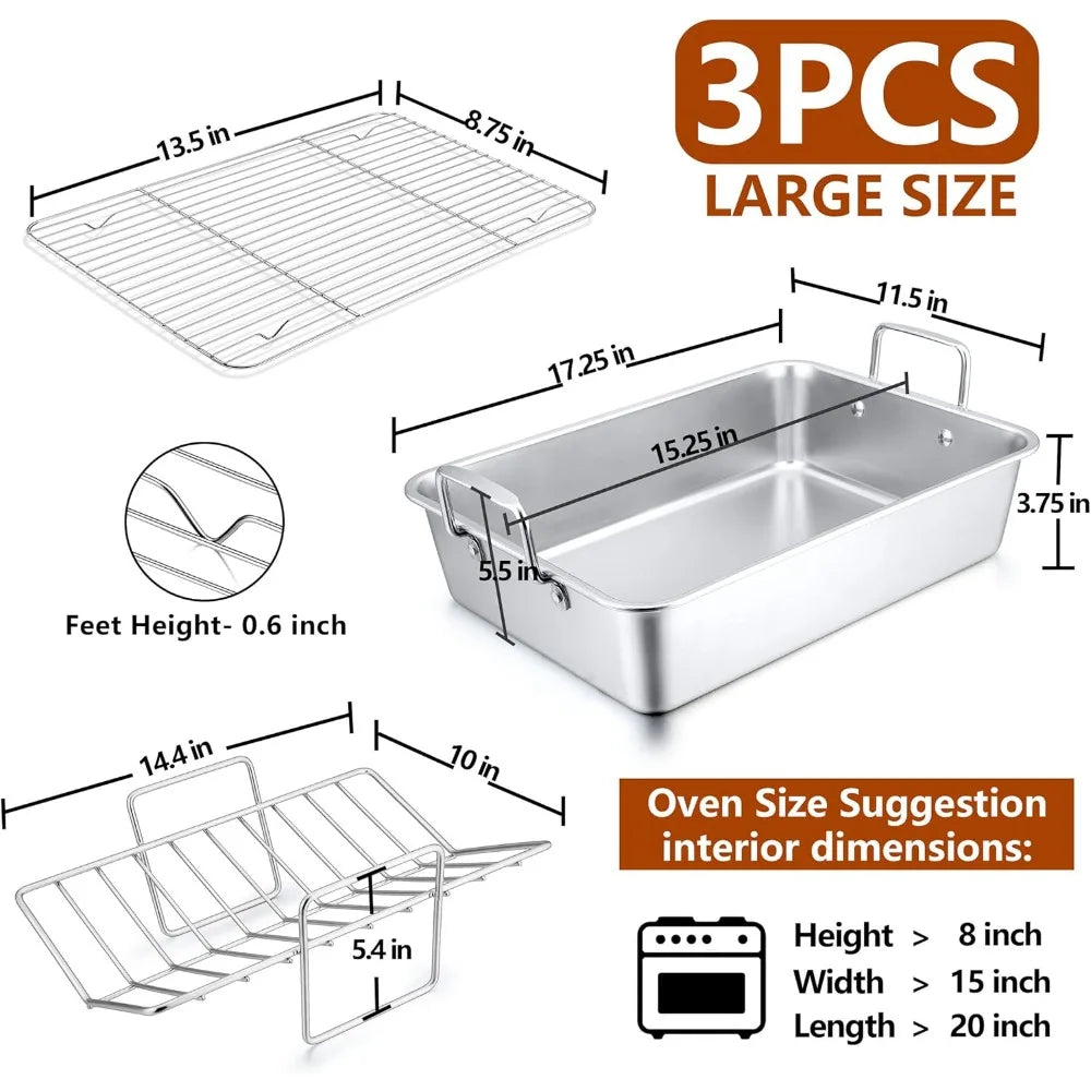Herogo Roasting Pan with Flat Rack & V-shaped Rack Set, 16 x 11.5 Inch Stainless Steel Turkey Roaster Pan for Thanksgiving Chris
