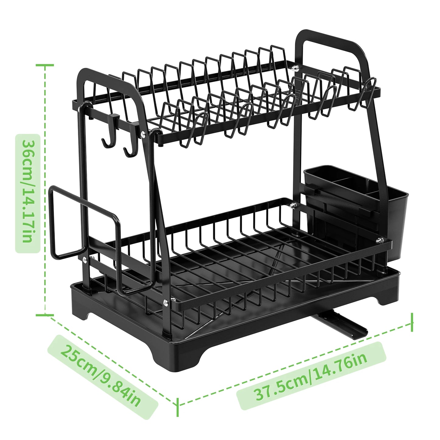 2 Tier Large Dish Drying Rack For Kitchen Counter  Dish Drainer, Large Dish Drying Rack With Drainboard & Utensil Holders,Black - Cooky Kitchenware