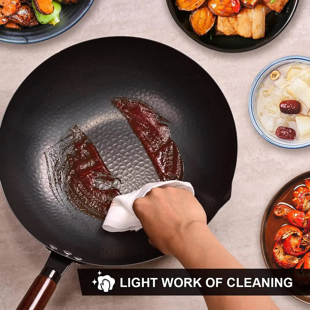 12.8" Carbon Steel Wok-11Pcs Woks & Stir Fry Pans Wok Pan with Lid, No Chemical Coated Chinese Wok with 10 Cookware Accessories - Cooky Kitchenware