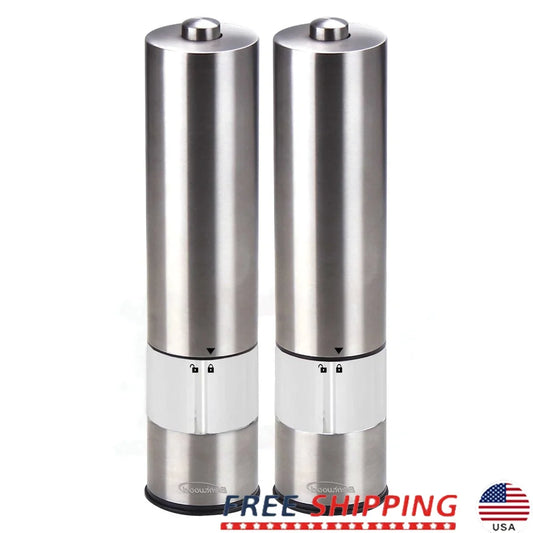 Electric Blue LED Stainless Steel Salt Pepper Grinders Adjustable Ceramic Precision Milling One Hand Operation Display Windows - Cooky Kitchenware