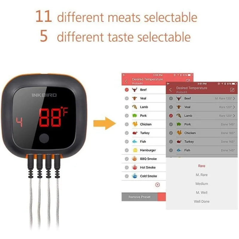 Wireless Grill BBQ Thermometer for Grilling with 4 Probes, Timer, Alarm,150 ft Barbecue Cooking Kitche