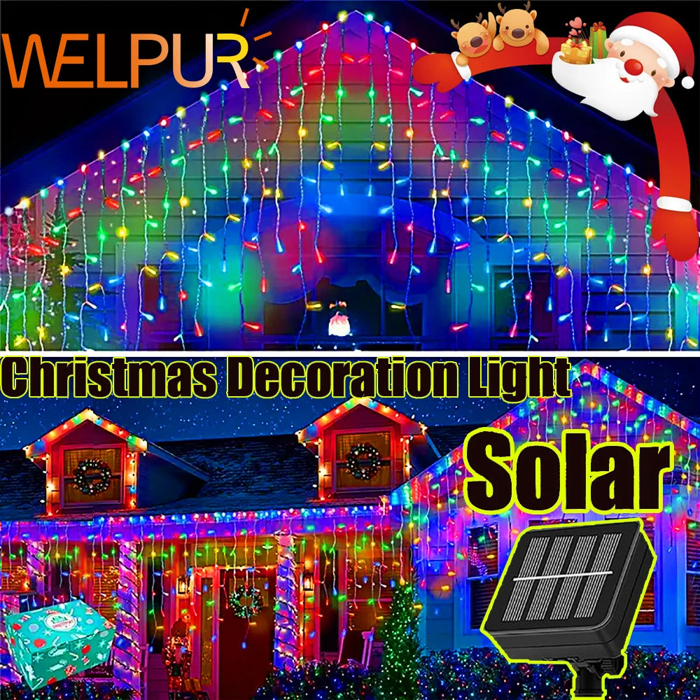 NEW 2024 Christmas Decorations Lights Solar Icicle Curtain Lights 8 Modes Outdoor Waterproof Garden Party New Year Decoration - Cooky Kitchenware
