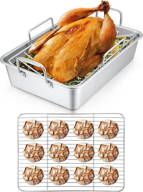 Herogo Roasting Pan with Flat Rack & V-shaped Rack Set, 16 x 11.5 Inch Stainless Steel Turkey Roaster Pan for Thanksgiving Chris