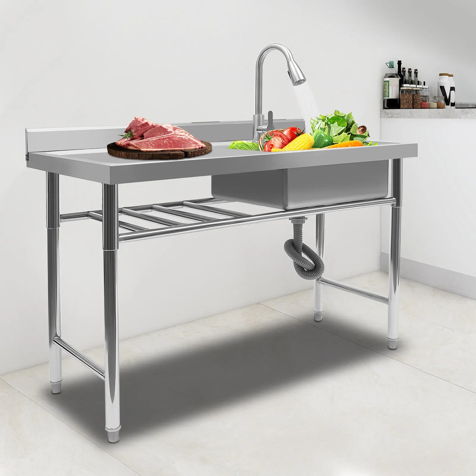 304 Stainless Steel Rectangle Sink,200kg Loading Commercial Kitchen Sink,120x60x80cm with Withdrawable Faucet,Sewer Pipe - Cooky Kitchenware