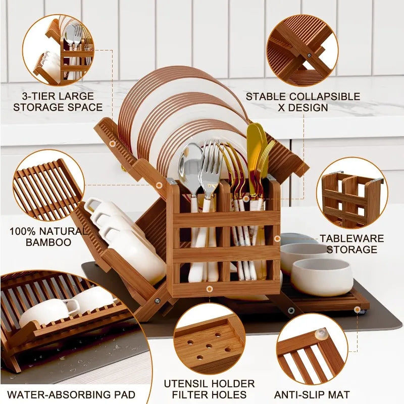 Teak Dish Drying Rack with Utensil Holder, 3 Tier Collapsible Dish Rack, Wooden Dish Racks for Kitchen Counter - Cooky Kitchenware