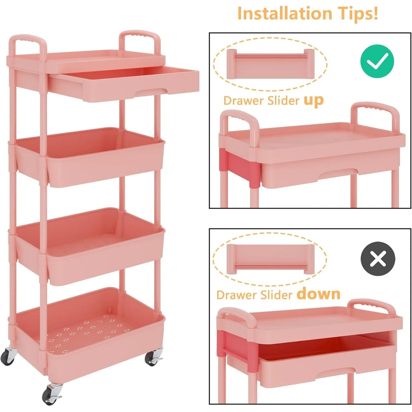 4 Tier Rolling Utility Cart with Drawer Multifunctional Storage Organizer Plastic Shelf and Metal Wheel Pink - Cooky Kitchenware