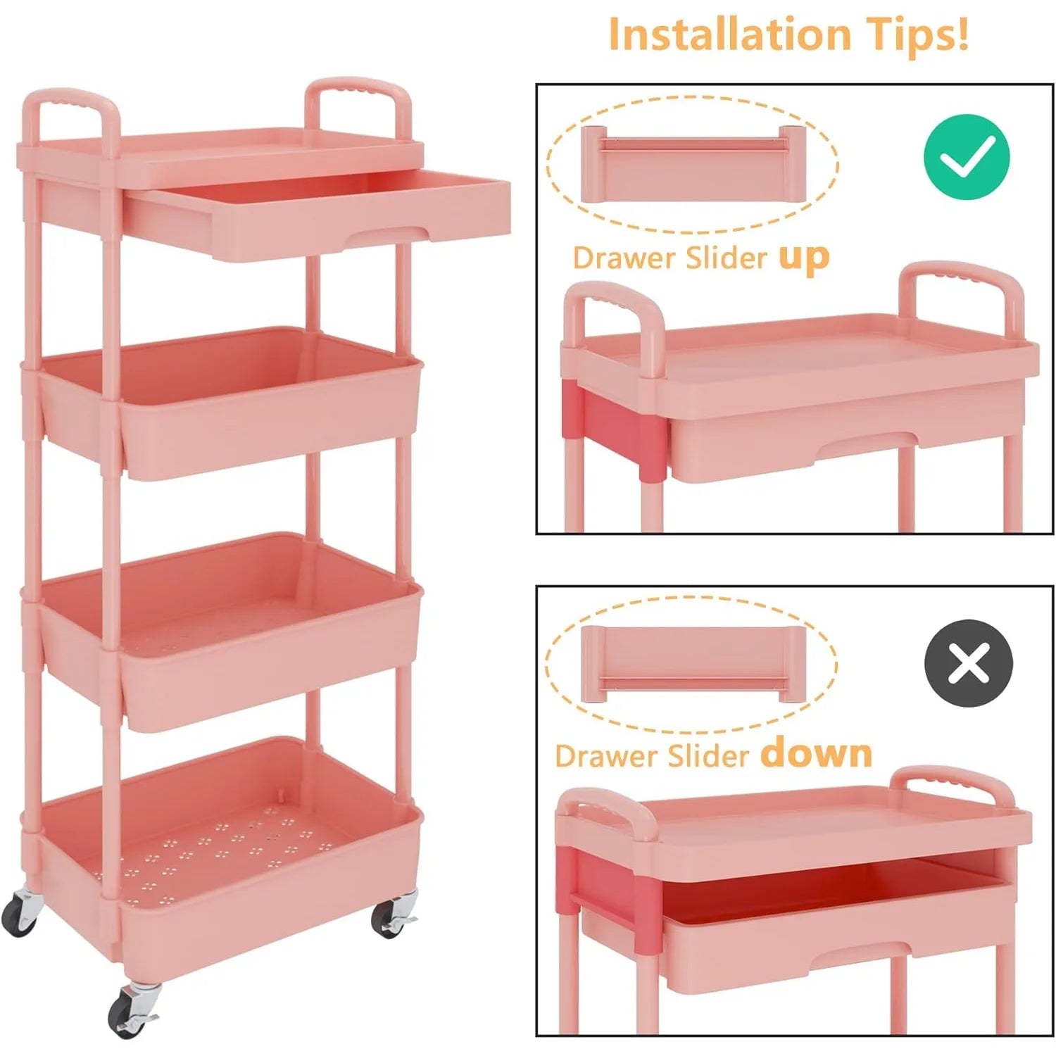 4 Tier Rolling Utility Cart with Drawer Multifunctional Storage Organizer Plastic Shelf and Metal Wheel Pink - Cooky Kitchenware