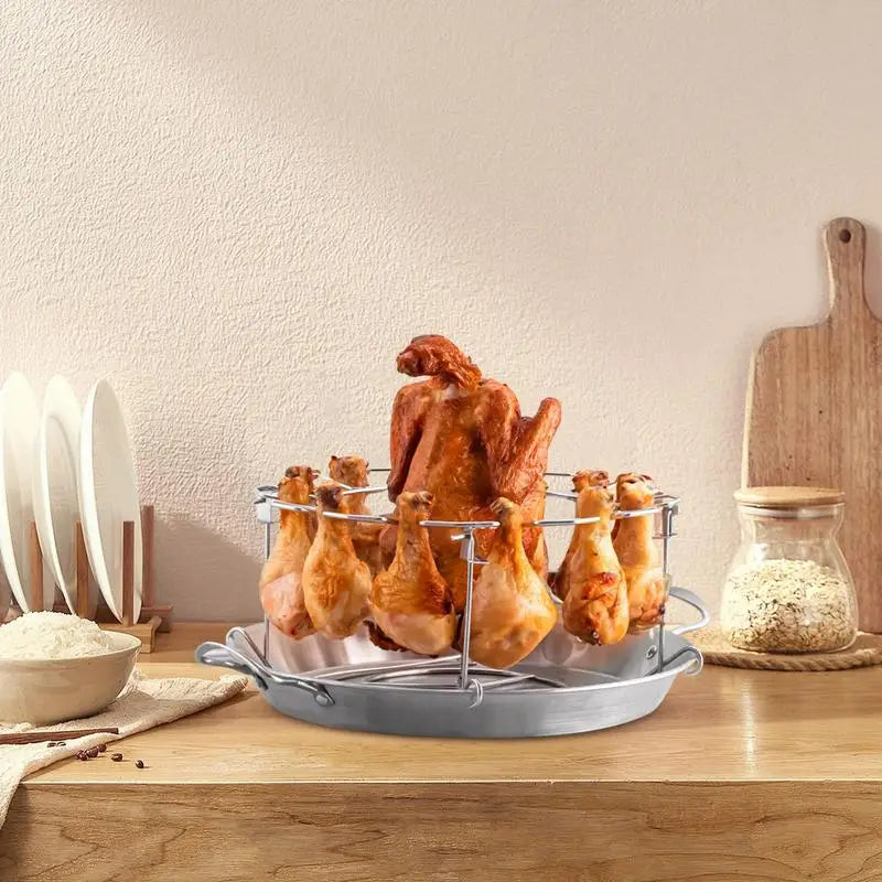 Chicken Leg Grill Rack Round Grill Rack Stainless Steel Wing Rack 12 Slots Non-Stick Drumstick Holder BBQ Accessories With Drip - Cooky Kitchenware