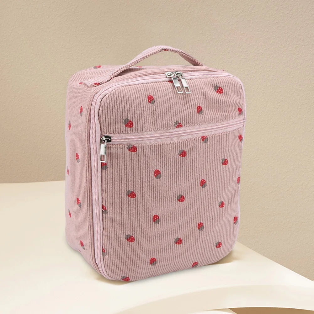Lunch Bag for Women Corduroy Insulated Lunch Box Leakproof Lunch Tote Handbag Strawberry for School Travel Picnic