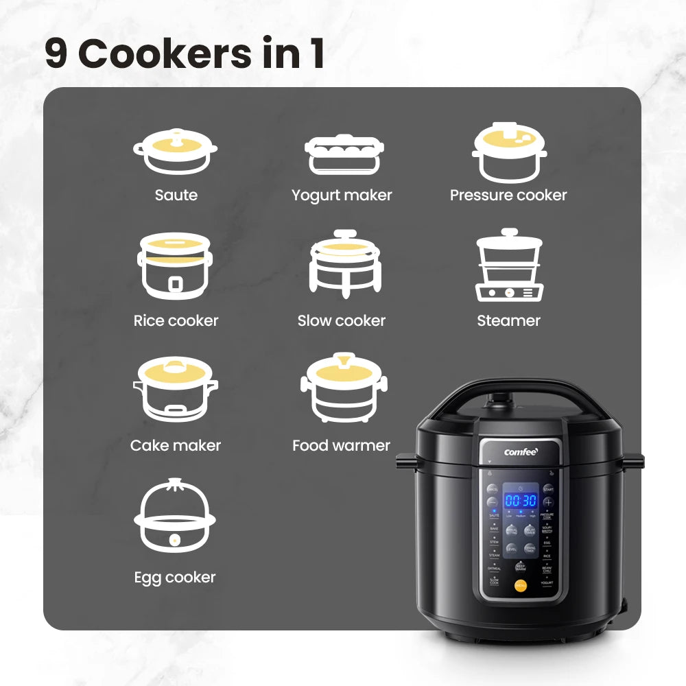 COMFEE’ 6 Quart 9-in-1 Electric Pressure Cooker 13 Presets Instant Multi Cooker Olla de Presion Slow Rice Cooker Non-Stick Pot - Cooky Kitchenware