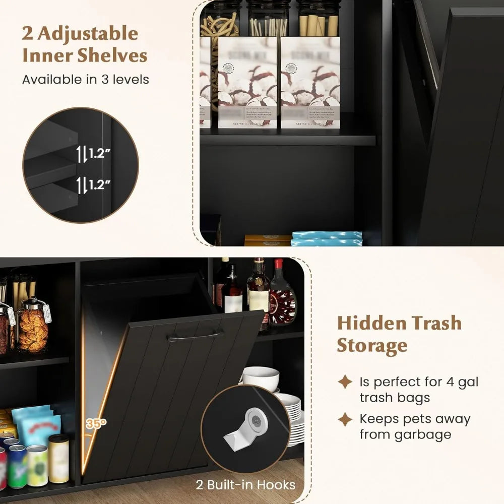 Kitchen Island Cart with Trash Bag Holder, Double Drawers, Spice Rack, Towel Bar, and Two Single-door Cabinets