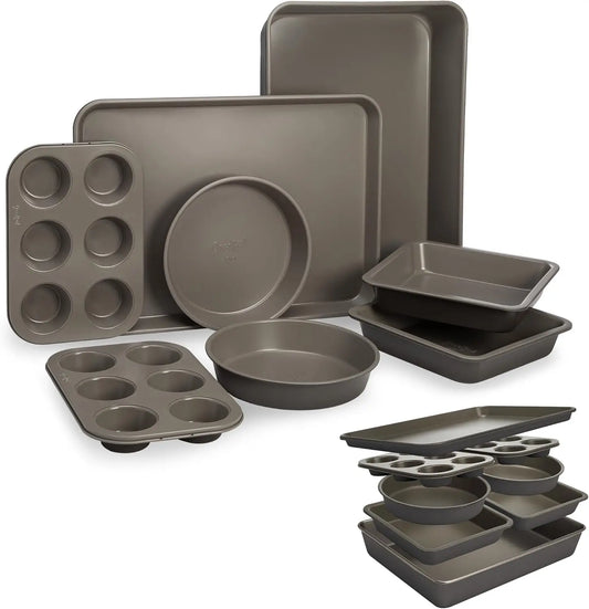 All In One Nonstick Bakeware Set Stackable and Space Saving Design Includes Round and Square Pans Muffin Pans and Cookie Sheet - Cooky Kitchenware