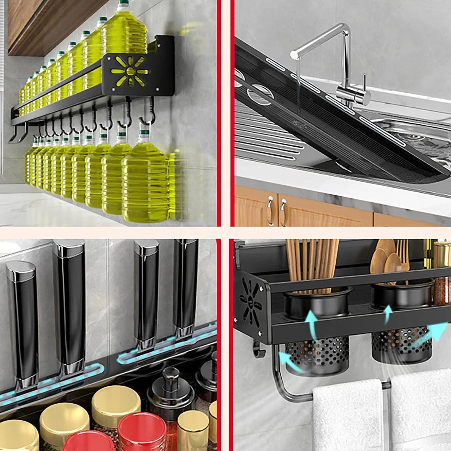 Black Wall Mounted No-Punch Large Capacity Storage Multifunctional Kitchen Spice Storage Rack No Punching Required Brackets