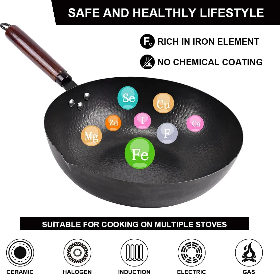 12.8" Carbon Steel Wok-11Pcs Woks & Stir Fry Pans Wok Pan with Lid, No Chemical Coated Chinese Wok with 10 Cookware Accessories - Cooky Kitchenware