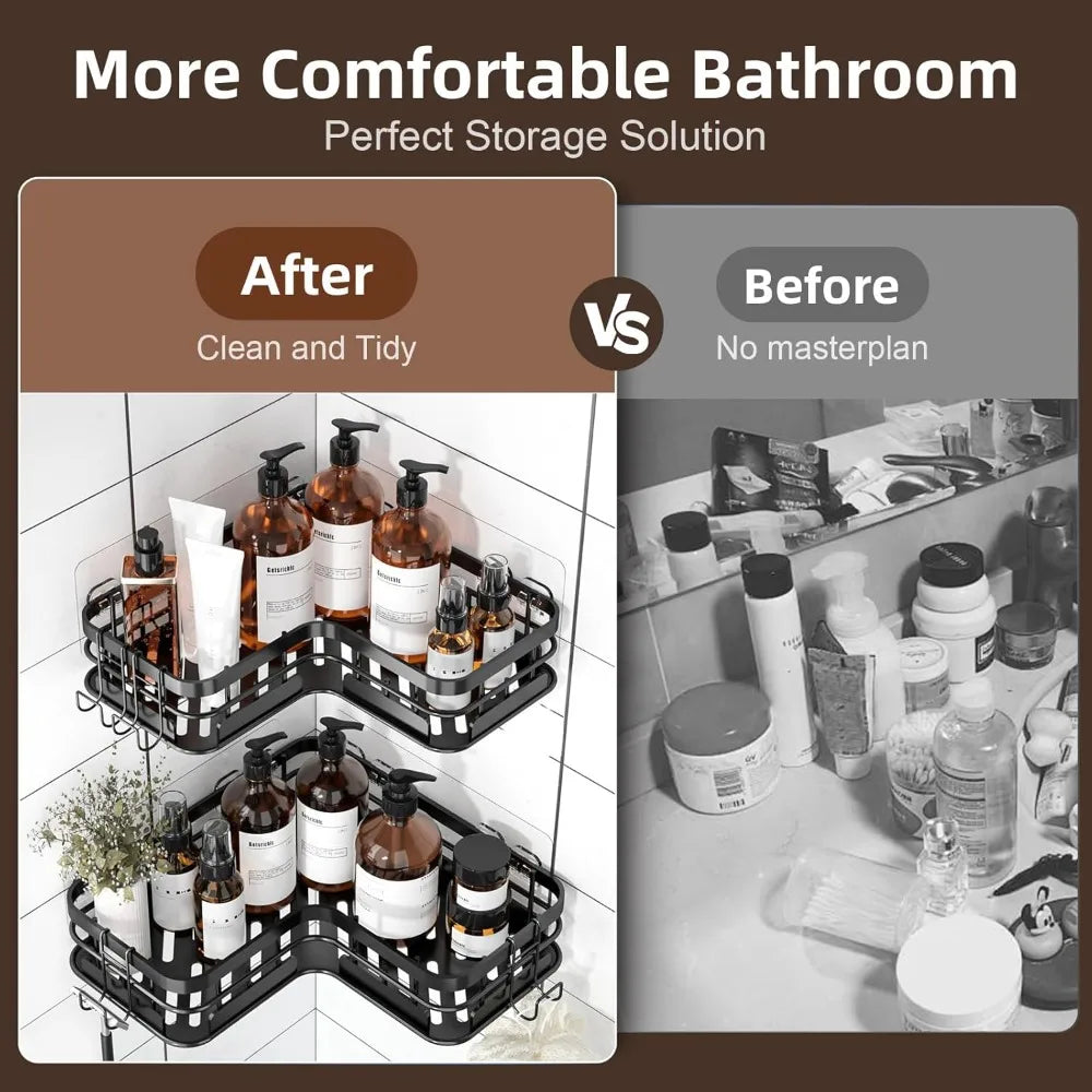 3-Pack Large Rustproof Stainless Steel Shower Caddy with Soap Holder, 4 N-Hooks - No-Drill Wall Mounted Organizer - Cooky Kitchenware