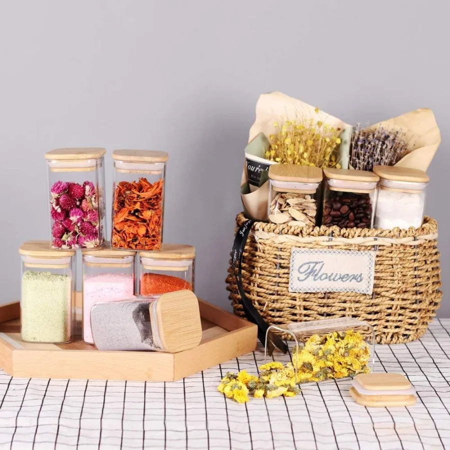 10 Pcs Glass Spice Jars 8oz Empty Square Spice Storage Containers with Bamboo Airtight Lid and Labels Thickened Small Glass Can