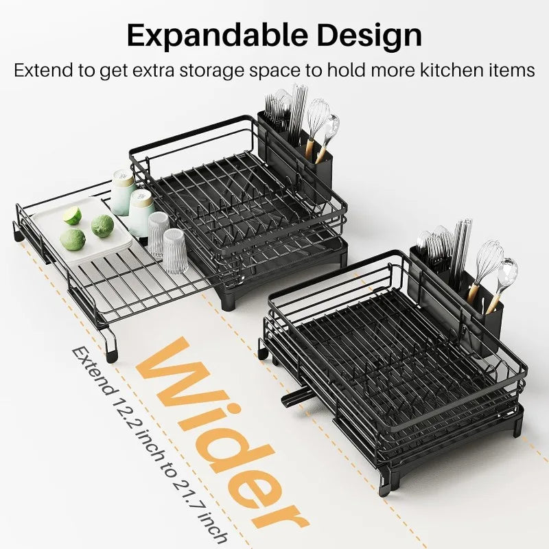 Dish Drying Rack - Extendable Dish Rack, Large Sink Drying Drainer for Kitchen Counter, Stainless Steel Dish Strainer - Cooky Kitchenware