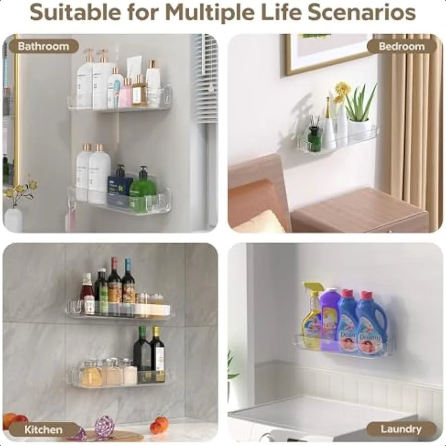 2 Pack Acrylic Shower Caddy Adhesive No Drilling Bathroom Shower Organizers with 4 Removable Hooks Wall Mounted Shower Shelves - Cooky Kitchenware