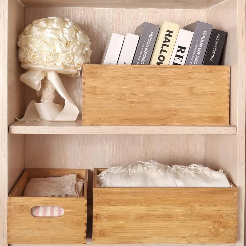 Set of 4 Nesting Wooden Crates for Storage, Bamboo Wood Storage Containers Bins, Handmade Natural Large Wooden Storage Boxes - Cooky Kitchenware
