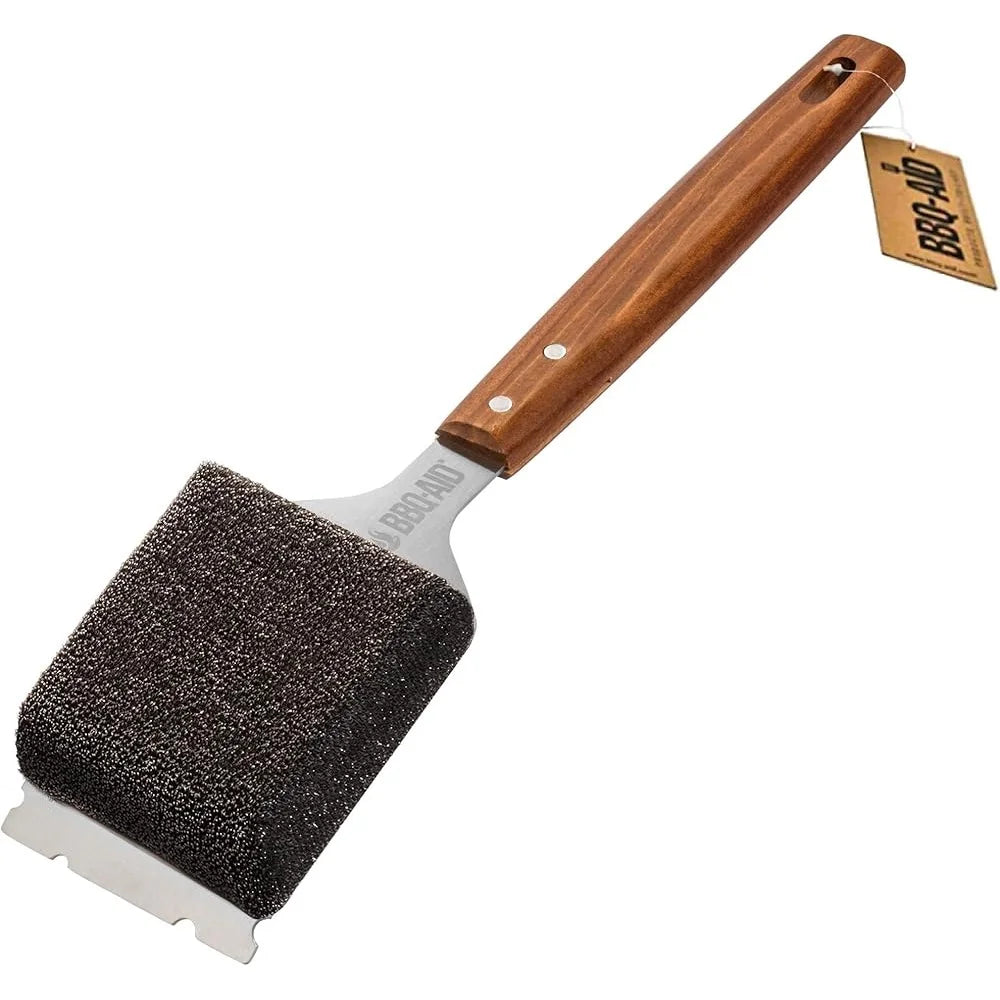 Bristle Free Grill Brush and Scraper with Long Wooden Handle Easy Replaceable Head Safe Cleaning All Grill Types - Cooky Kitchenware