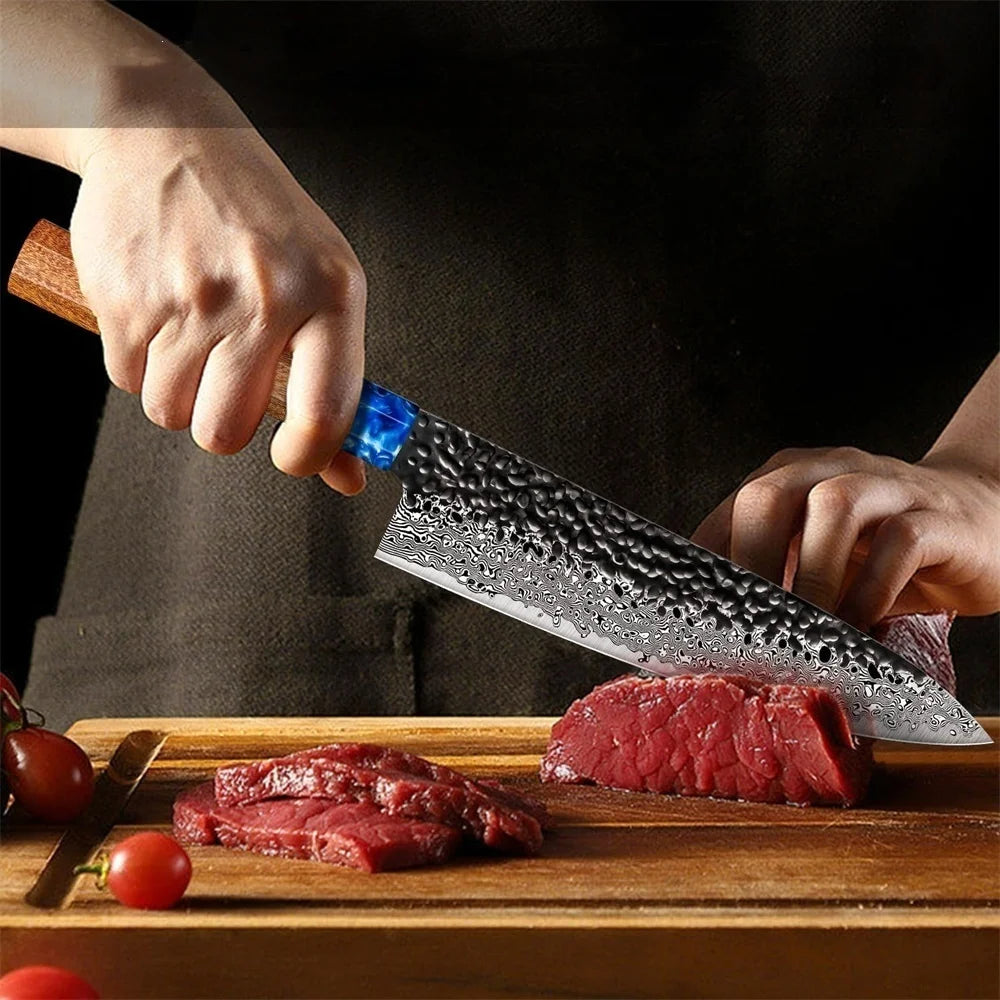 Damascus Steel 3 Piece Chef Knife Set With Rosewood Handle