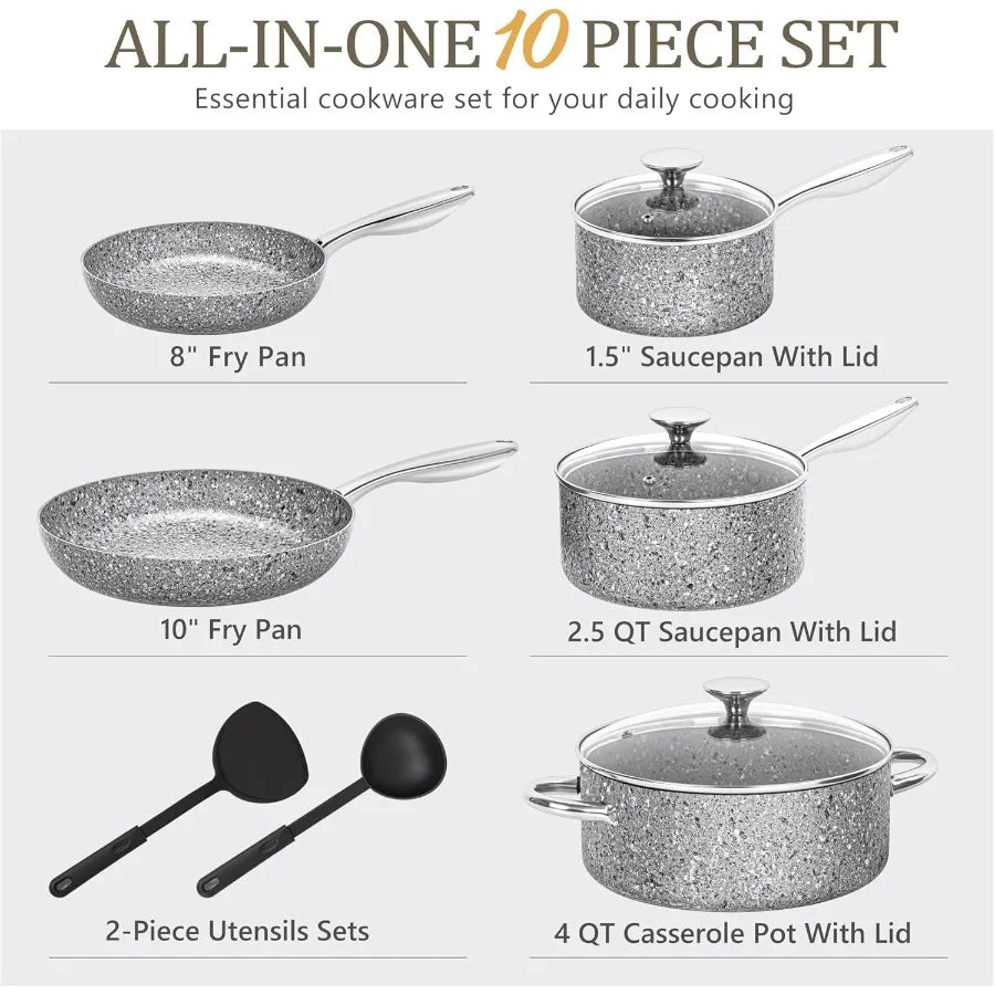 Pots and Pans Set 10 Piece Cookware Set with Granite Coatings for Super Nonstick Result Essential Stone Cookware Sets with Uten - Cooky Kitchenware