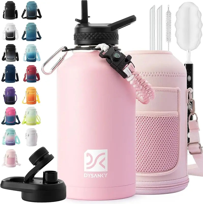 64 oz Insulated Water Bottle Thickened Stainless Steel Vacuum Design, BPA-Free, Large Jug with Straw, Carrier Bag & Handle Strap