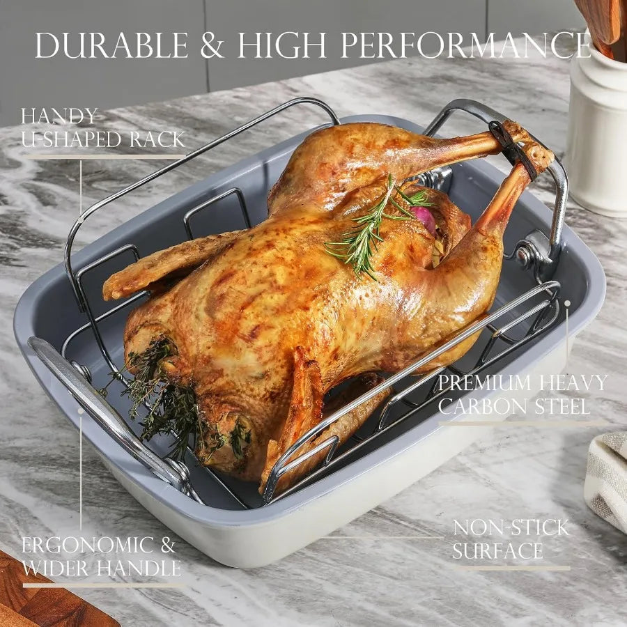 Nonstick Turkey Roasting Pan with Rack 17 x 14 inch Large Chicken Roaster Pan for Oven Wider Handles and Heavy Duty Constructio
