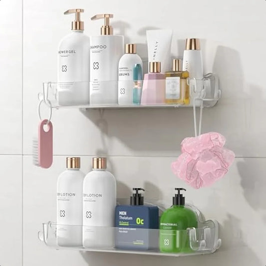 2 Pack Acrylic Shower Caddy Adhesive No Drilling Bathroom Shower Organizers with 4 Removable Hooks Wall Mounted Shower Shelves - Cooky Kitchenware
