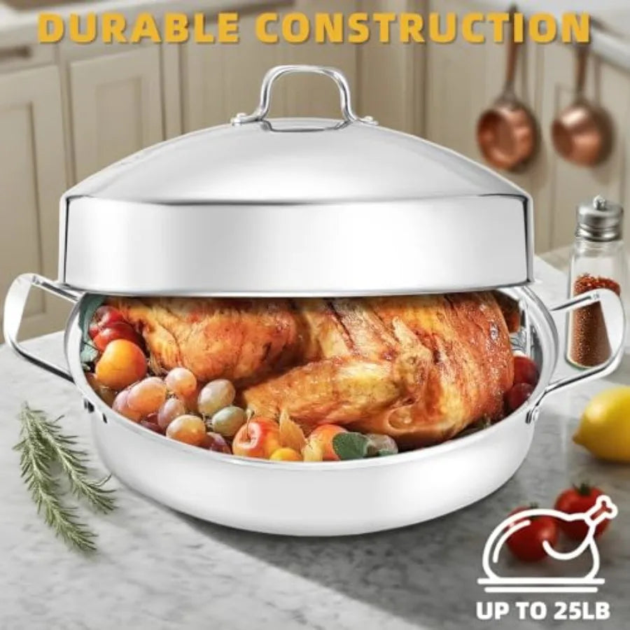 22" Large Roasting Pan with Rack and LidOval Turkey Roaster Pan for oven Stainless Steel Roasting Pan with rack Best Gift for M