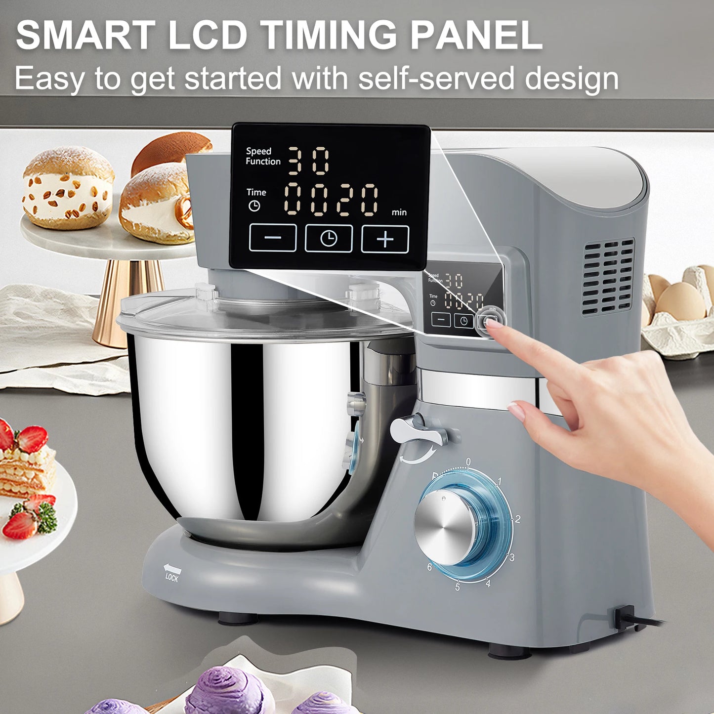 SucceBuy 5.5/7LElectric Stand Mixer with 6Speeds LCD Screen Timing Food Mixer Cream Egg Whisk Whip Dough Kneader With Steel Bowl - Cooky Kitchenware