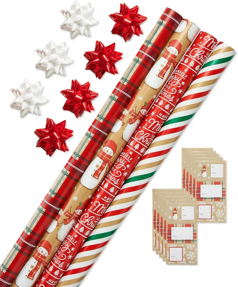 120 sq. ft. Christmas Wrapping Paper Set, Tan, Plaid, Snowman and Christmas Text (4 Rolls 30 in. x 12 ft., 7 Bows, 30 Gift Tags)
