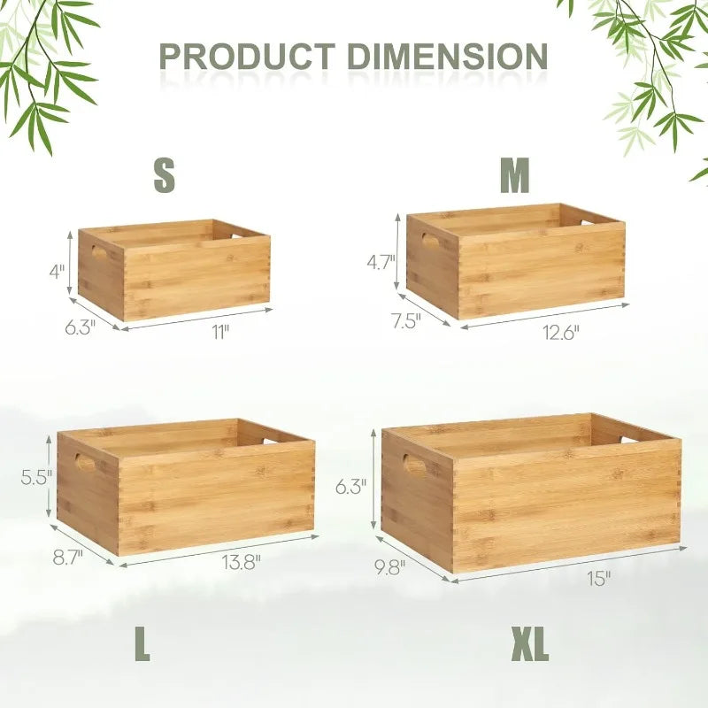 Set of 4 Nesting Wooden Crates for Storage, Bamboo Wood Storage Containers Bins, Handmade Natural Large Wooden Storage Boxes - Cooky Kitchenware