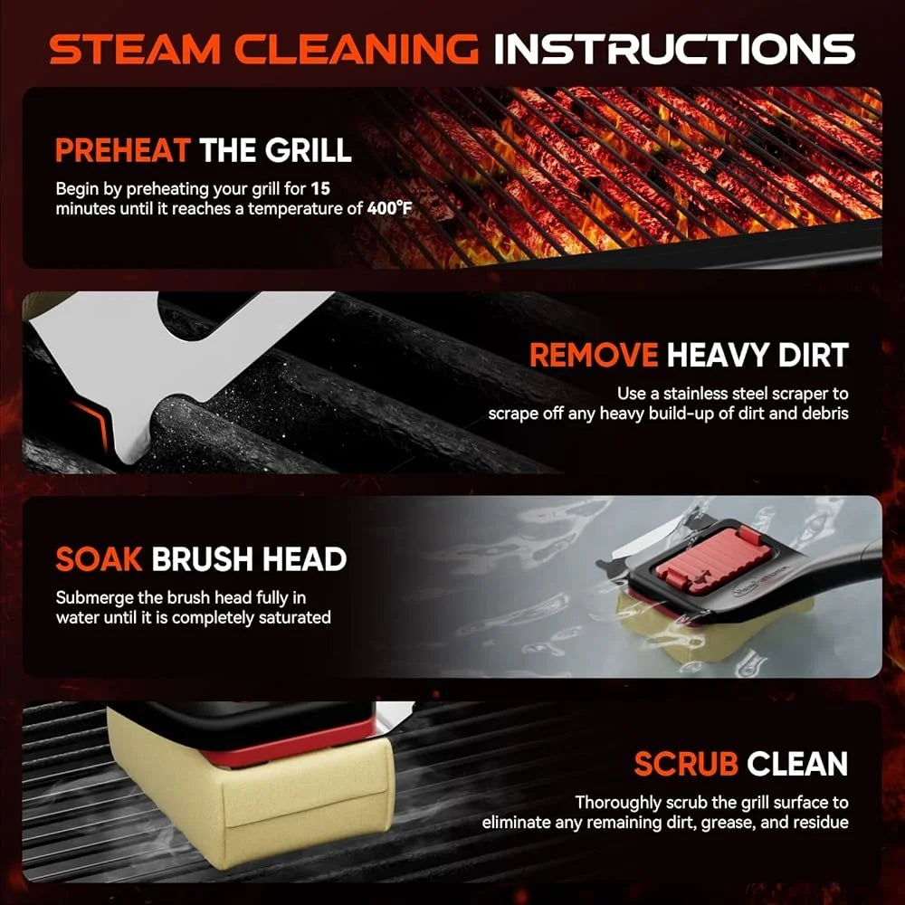Bristle-Free Grill Brush Heat-Resistant Kevlar Head Steam Cleaning BBQ Brush with Scraper Safe and Efficient Grill Cleaner - Cooky Kitchenware