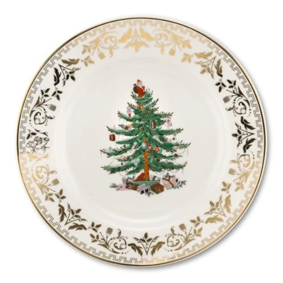 Elegant 8Inch Gold Christmas Tree Porcelain Salad Plate for Festive Holiday Dining: Perfect Seasonal Appetizer Dinnerware Micro