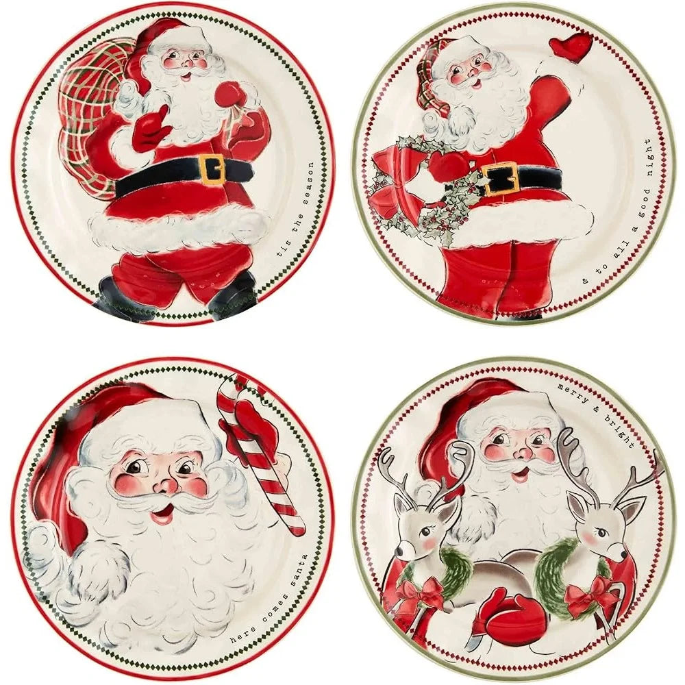 Santa Salad Plate Christmas Gift 8 Inch Stoneware Dishwasher Safe Hand-Painted Rim Classic Santa Image Holiday Tableware