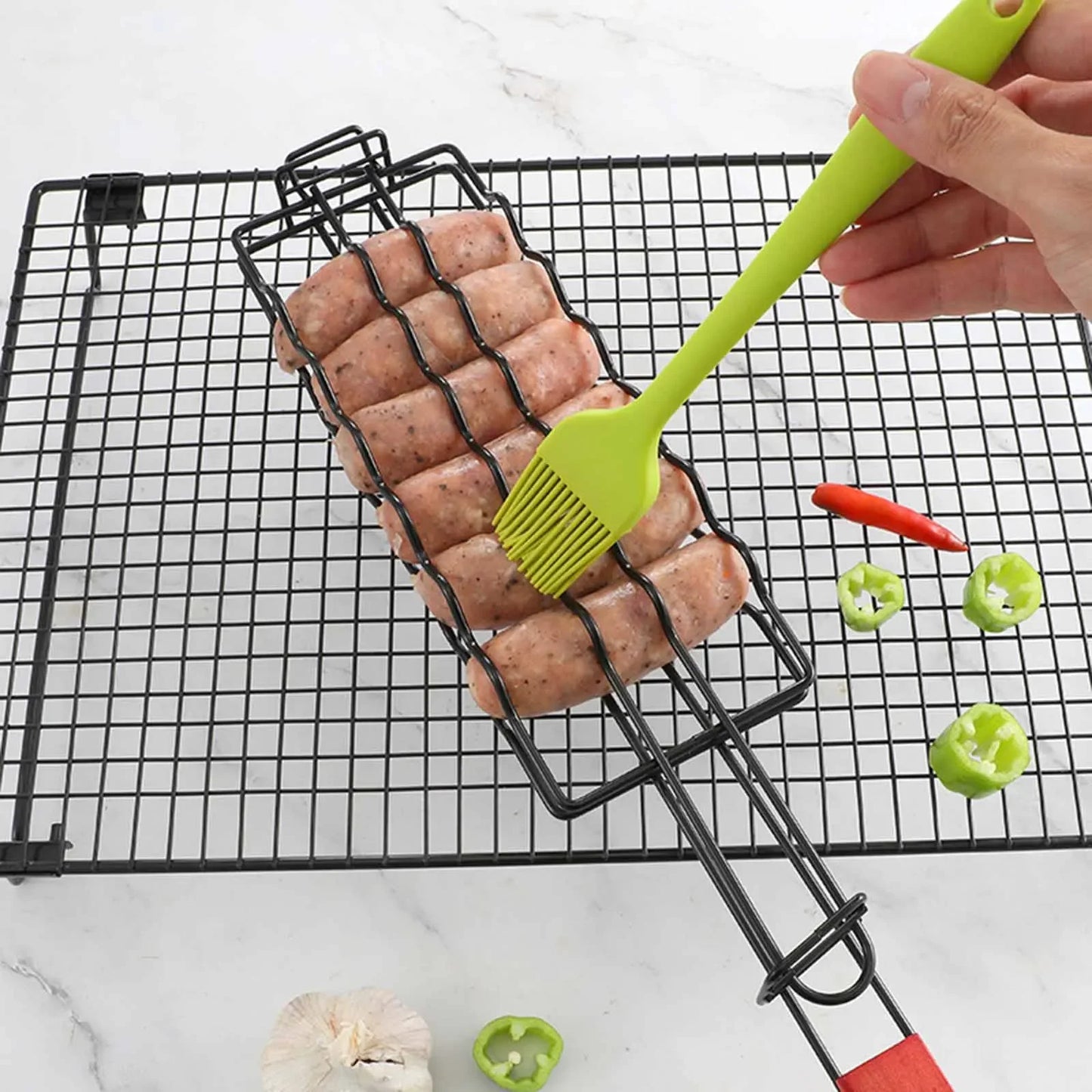 Folding Metal Barbecue Sausage Basket For Grilling Hot Dogs