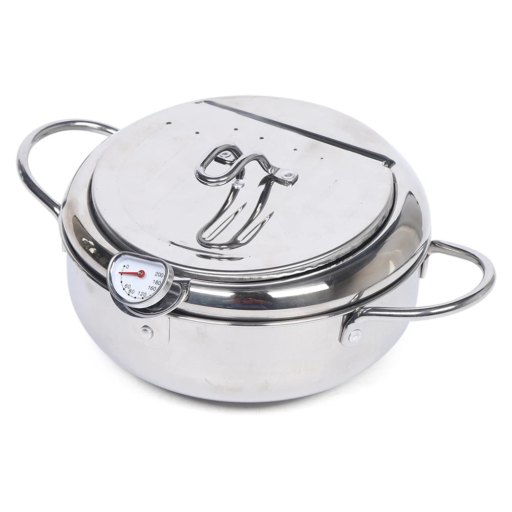 Japanese Style Deep Frying Pan With Temperature Gauge Lid And Oil Drip Rack 304 Stainless Steel Fryer - Cooky Kitchenware