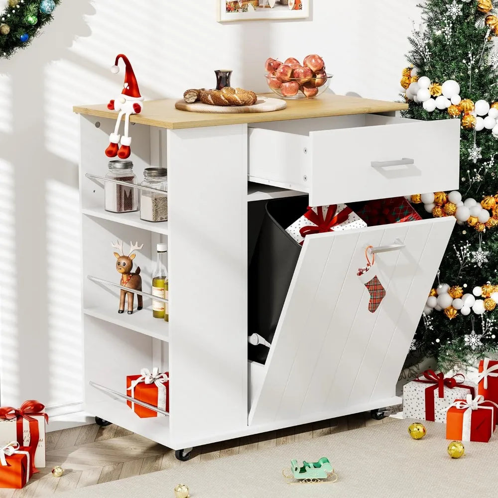 Mobile Kitchen Island with Built-in Trash Bin, Towel Holder, and Spice Storage - Cooky Kitchenware