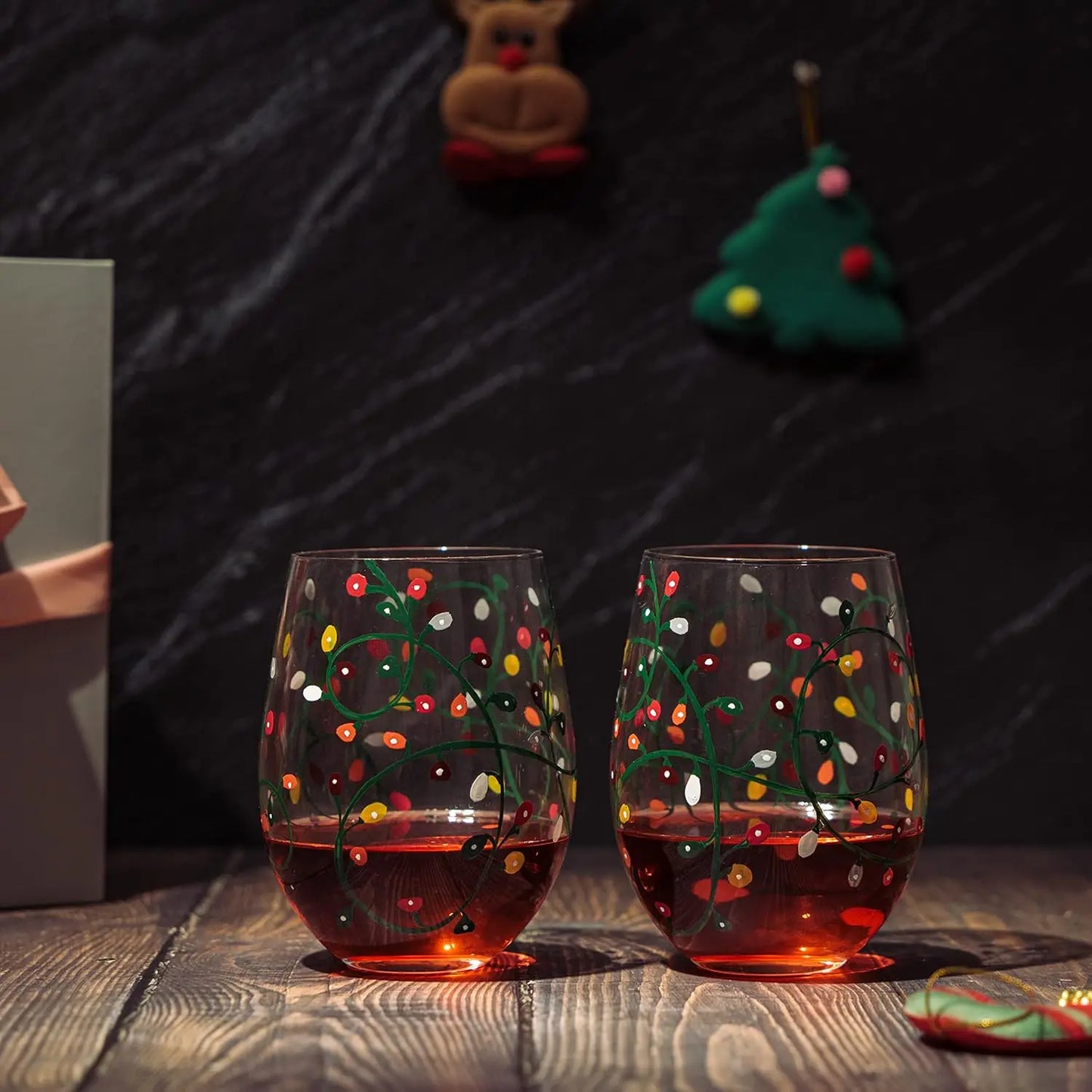 Winter Themed Lights Stemless Wine & Water Glasses - Artisanal Hand Painted Ornament Light Bulbs Glasses - Tree - Set of 2, 17.5