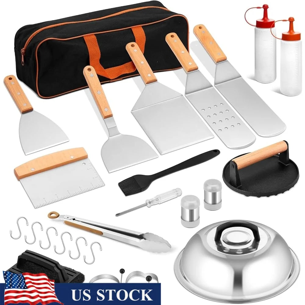 25PCS Griddle Accessories Set Flat Top Grill Tools Stainless Steel Spatulas Scraper Basting Cover Ideal BBQ Cooking - Cooky Kitchenware