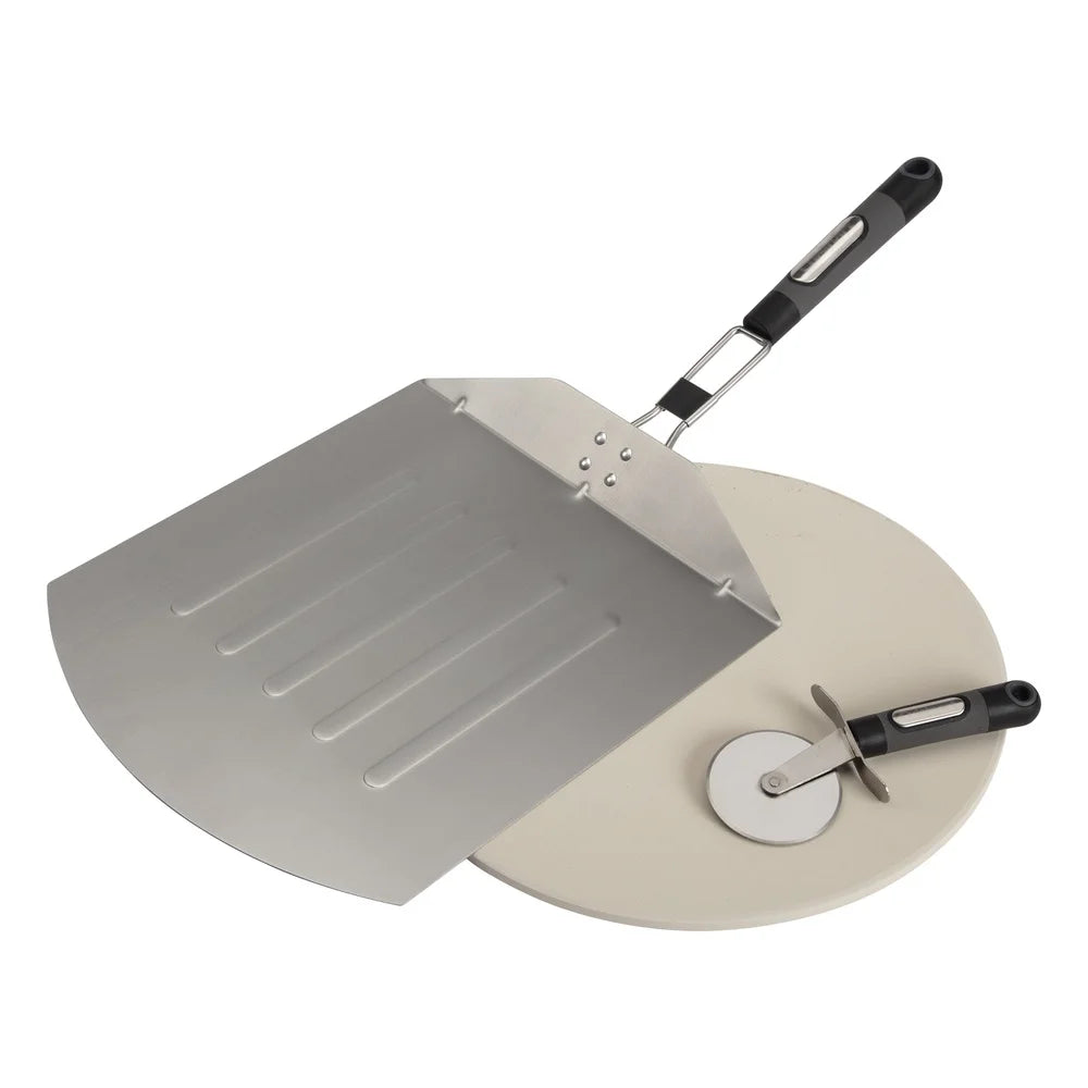 3 Piece Pizza Grilling Set with Cordierite Stone Folding Stainless Steel Peel and Wheel Cutter Outdoor Cooking - Cooky Kitchenware
