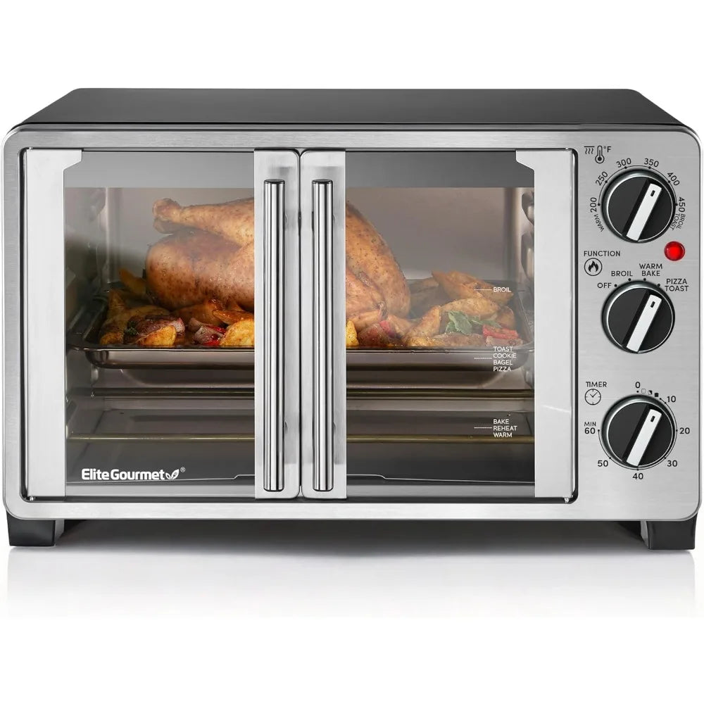 Double French Door Countertop Toaster Oven, Bake, Broil, Toast, Keep Warm, Fits 12" pizza, 25L capacity, Stainless Steel & Black - Cooky Kitchenware