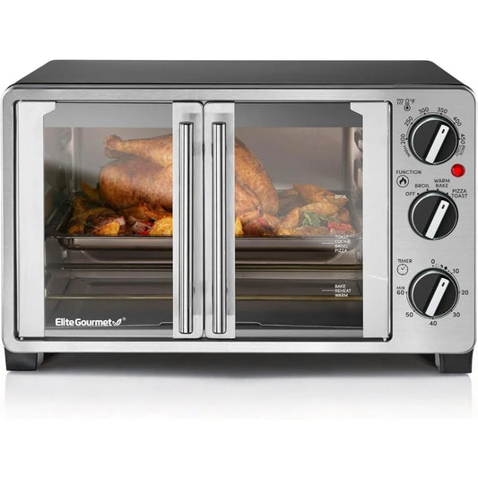 Double French Door Countertop Toaster Oven, Bake, Broil, Toast, Keep Warm, Fits 12" pizza, 25L capacity, Stainless Steel & Black - Cooky Kitchenware