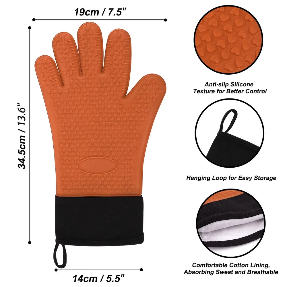 Silicone Heat Resistant Oven Mitts Kitchen BBQ Grill Gloves Comfortable Anti-Scald Textured Non-Slip Ergonomic Design 1 Pair