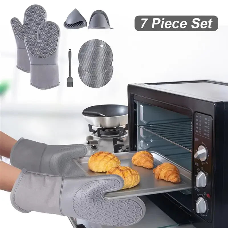 7Pcs/set Microwave Gloves Heat Insulation Silicone Baking Gloves Oven Mitt Pot Holder Nonslip Grilling Pad Hand Clip For Kitchen - Cooky Kitchenware