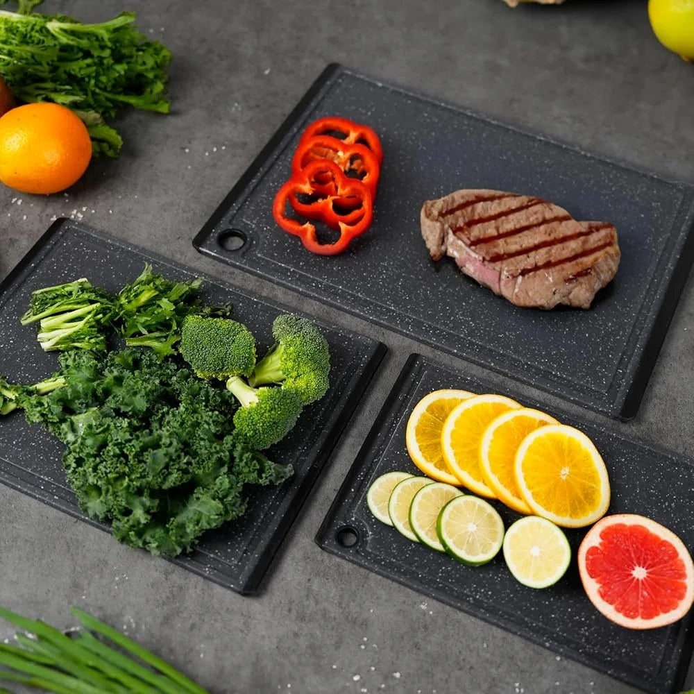 Plastic Cutting Boards Set Non-Slip Dishwasher Safe 3-Piece Kitchen Chopping Boards with Juice Grooves Shock Absorbing Knife - Cooky Kitchenware